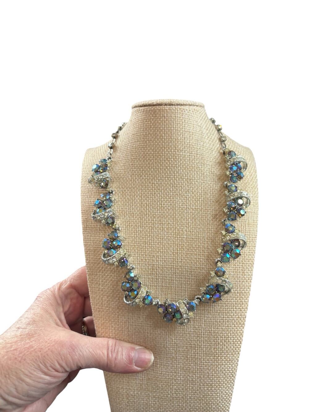 Vintage AB
 Rhinestone Necklace Silver Tone Signed Mid Century Restored